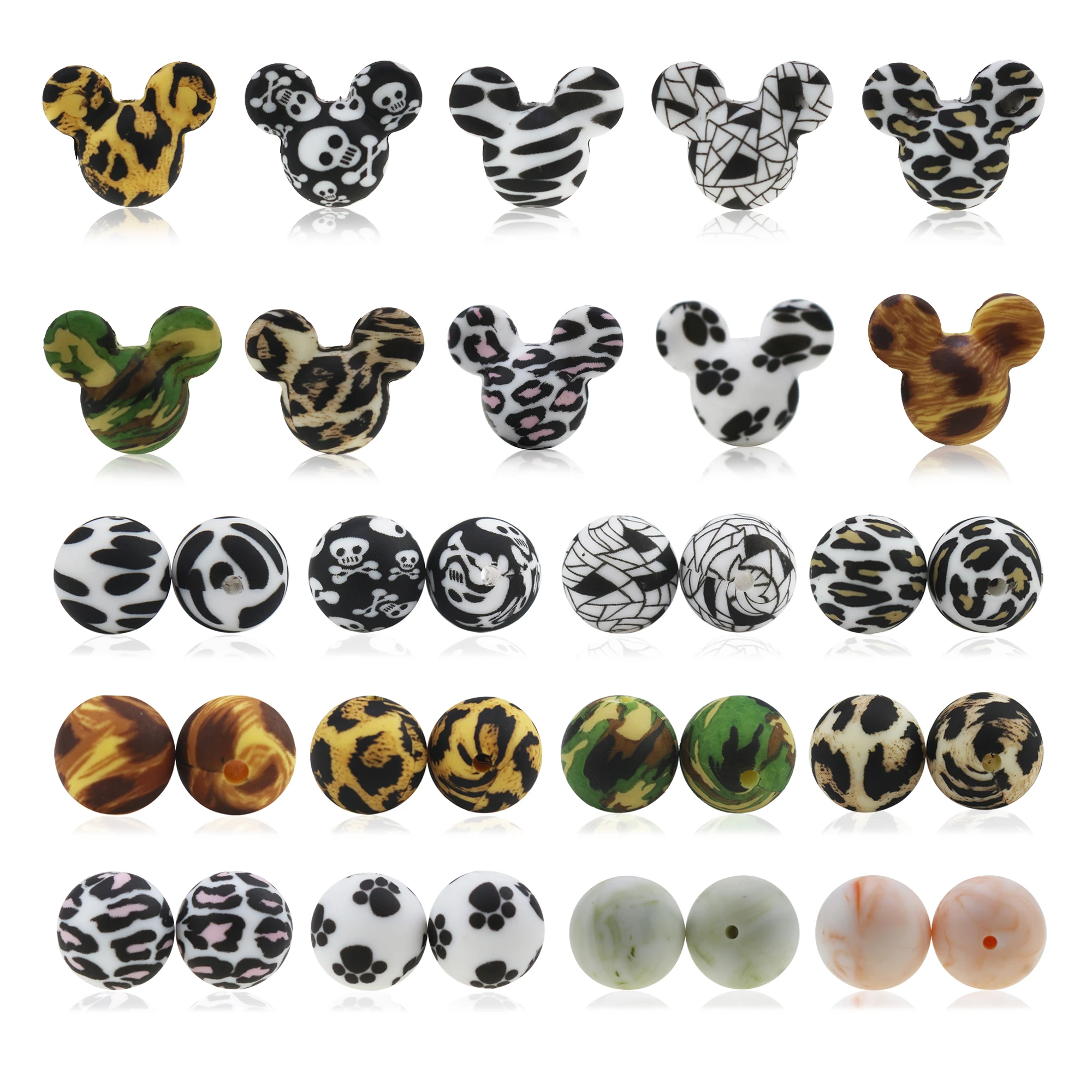 

Wholesale BPA Free Loose Leopard Printed Teether Loose Mix Silicon Round Bead Chew Teething Silicone Beads