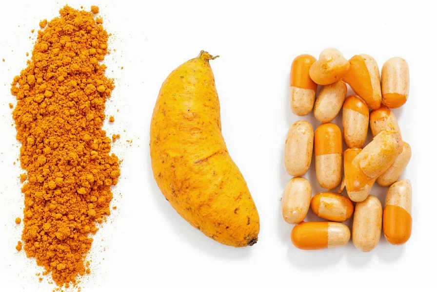 Side-by-side comparison of turmeric powder, fresh turmeric root, and curcumin supplement capsules