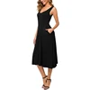 Women's U-Neck Sleeveless Solid Flared Midi Dress with Pockets