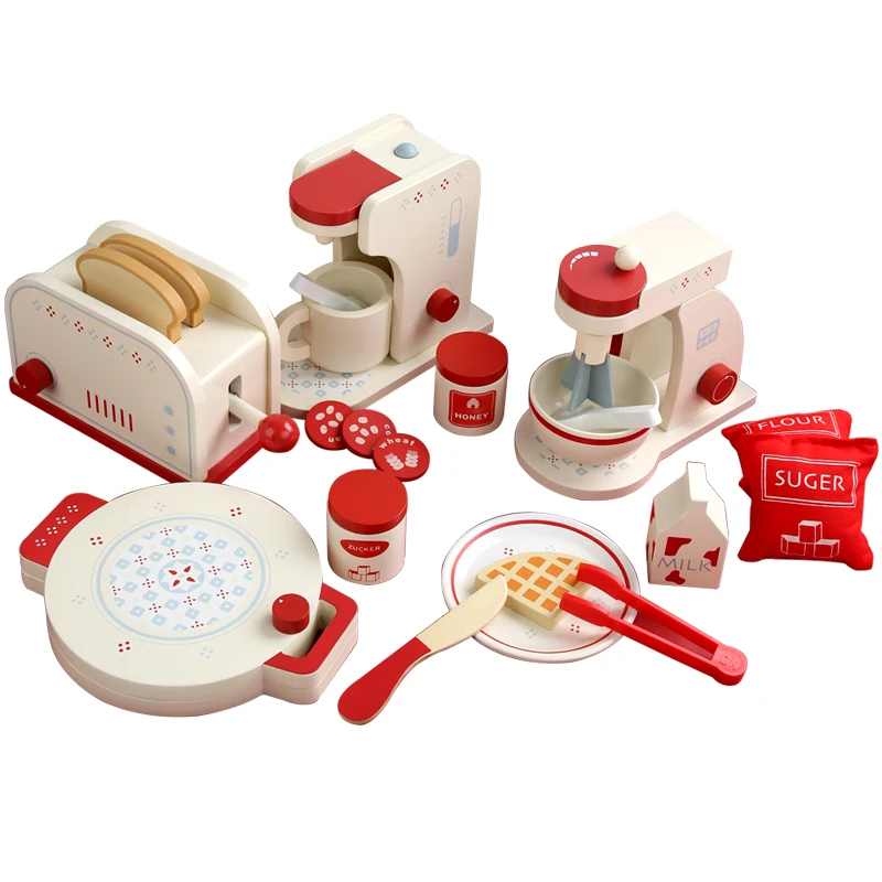 

Wooden pretend play make coffee set educational toast bread machine simulation cake tea toy mini kitchen blender for kids