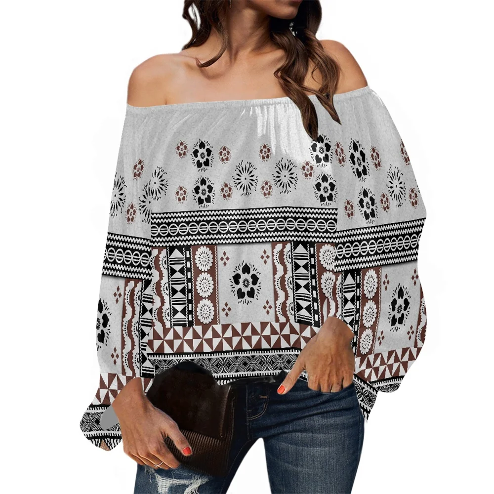 

Polynesian Tribal Fiji Tonga Masi Print Custom Off The Shoulder Plus Size Blouses And Shirts Women Shirt Chiffon Top Long Sleeve, Customized color