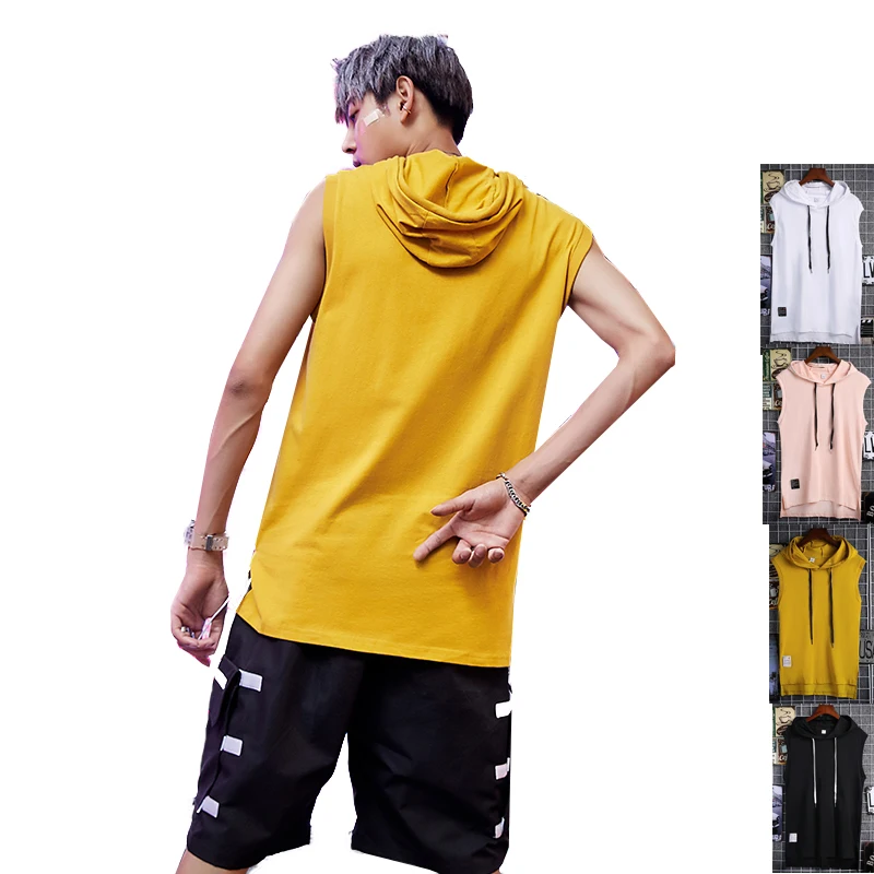 

190g Oversize sleeveless 100% cotton top hoodies cool Youth men T shirts with hooded Tee Fashion street Top T-shirts