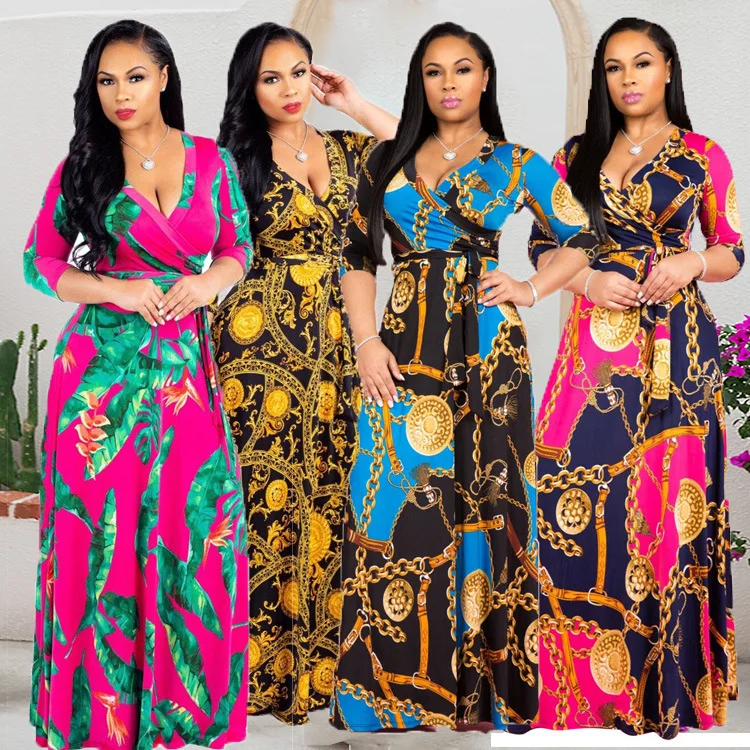 

S-XXXL fancy printing half sleeve deep v collar maxi long dress with belt women vintage plus size dresses