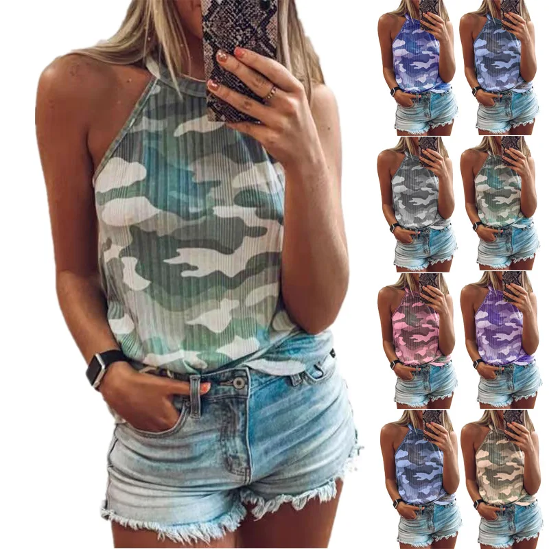 

Women Sleeveless Camo Print Halter Neck Tank Top