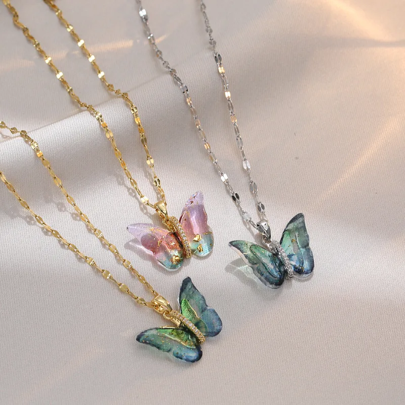 

18k Gold Plated Women Jewelry Shiny Colorful Clear Crystal Zircon Exquisite Stainless Steel Crystal Butterfly Necklace