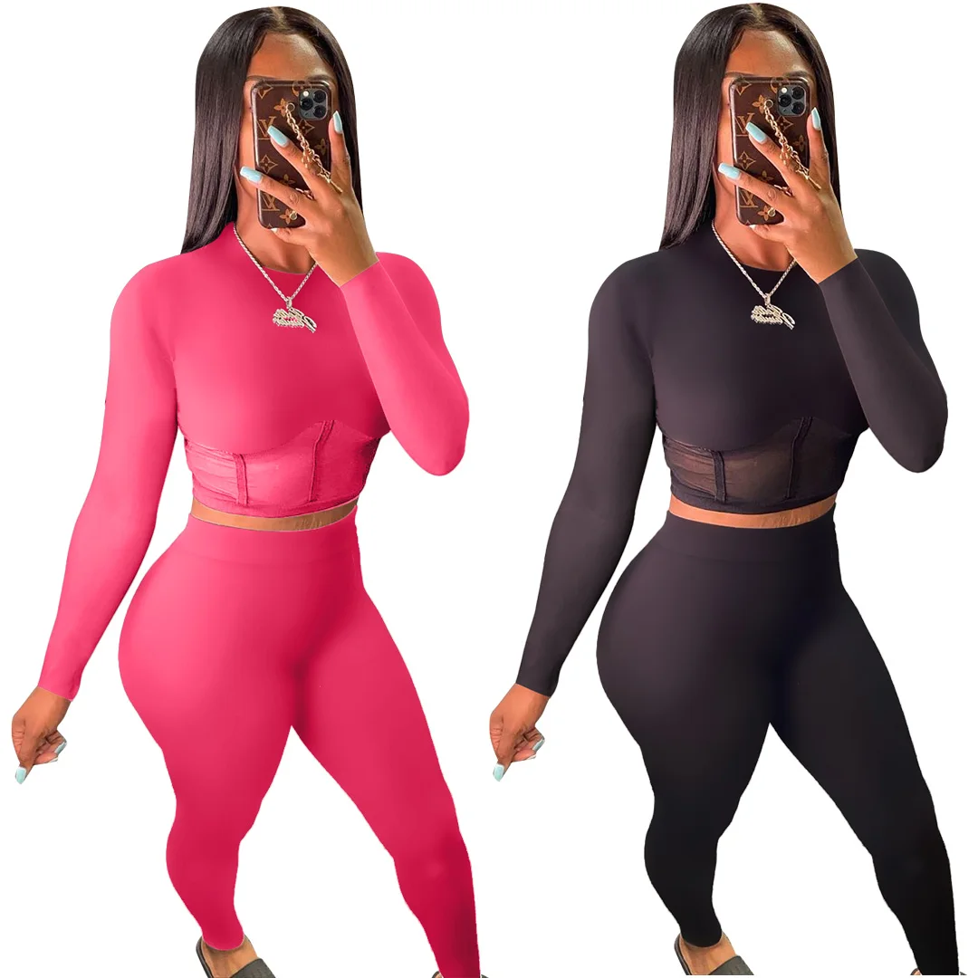 

FM-LY9264 Fashion solid color sexy tight long sleeve two piece yoga set packing dropship