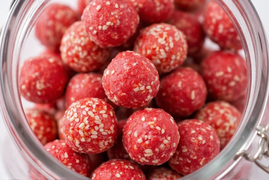 Close-up photograph of traditional red and white aniseed balls arranged in a vintage candy jar