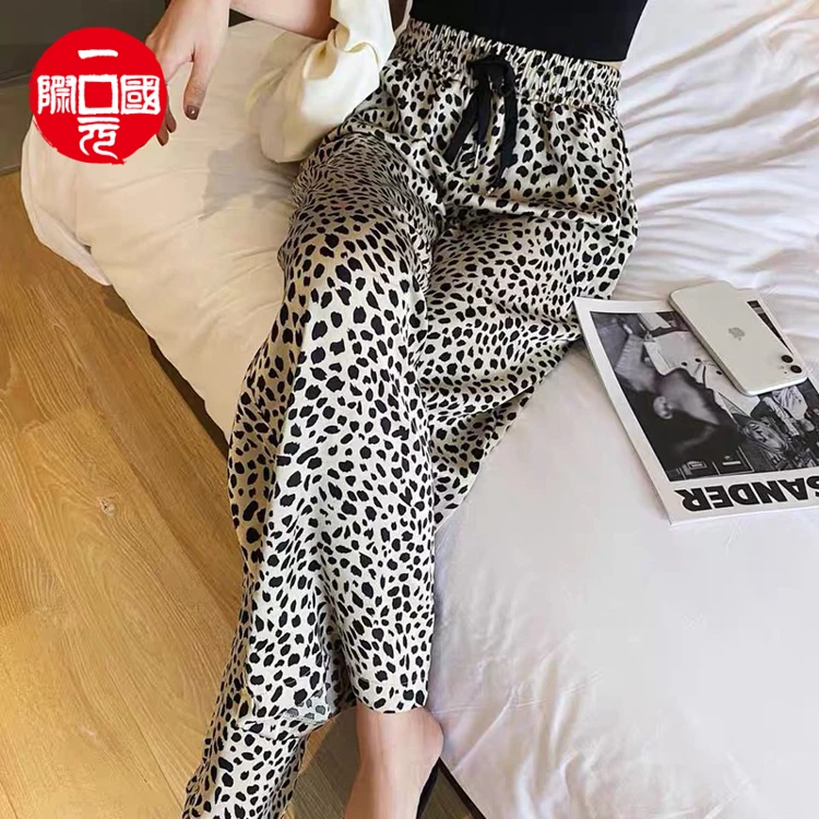 

2021 new leopard print casual all-match wide-leg cropped trousers women's trousers