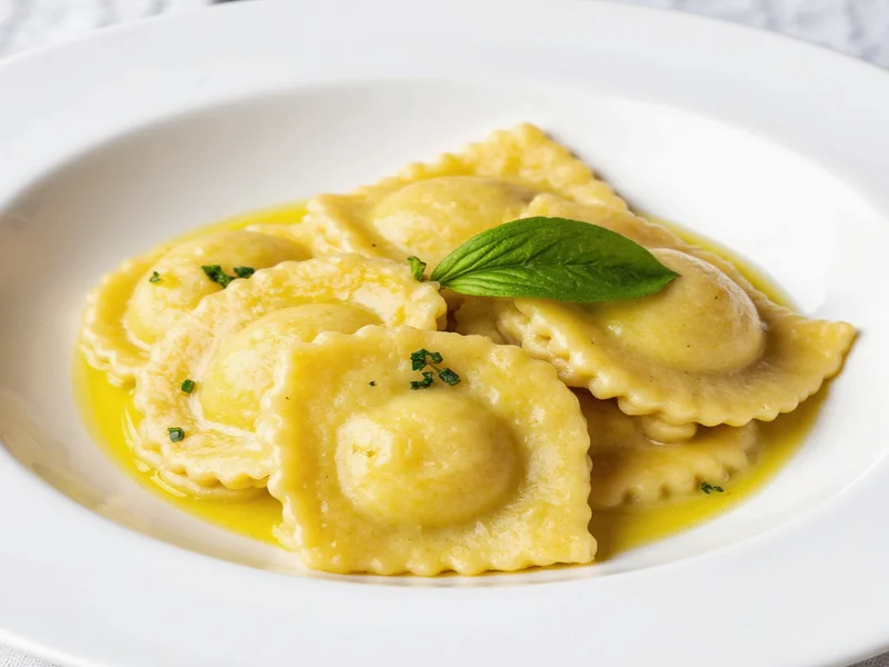 Freshly cooked ravioli with herb butter sauce on white plate
