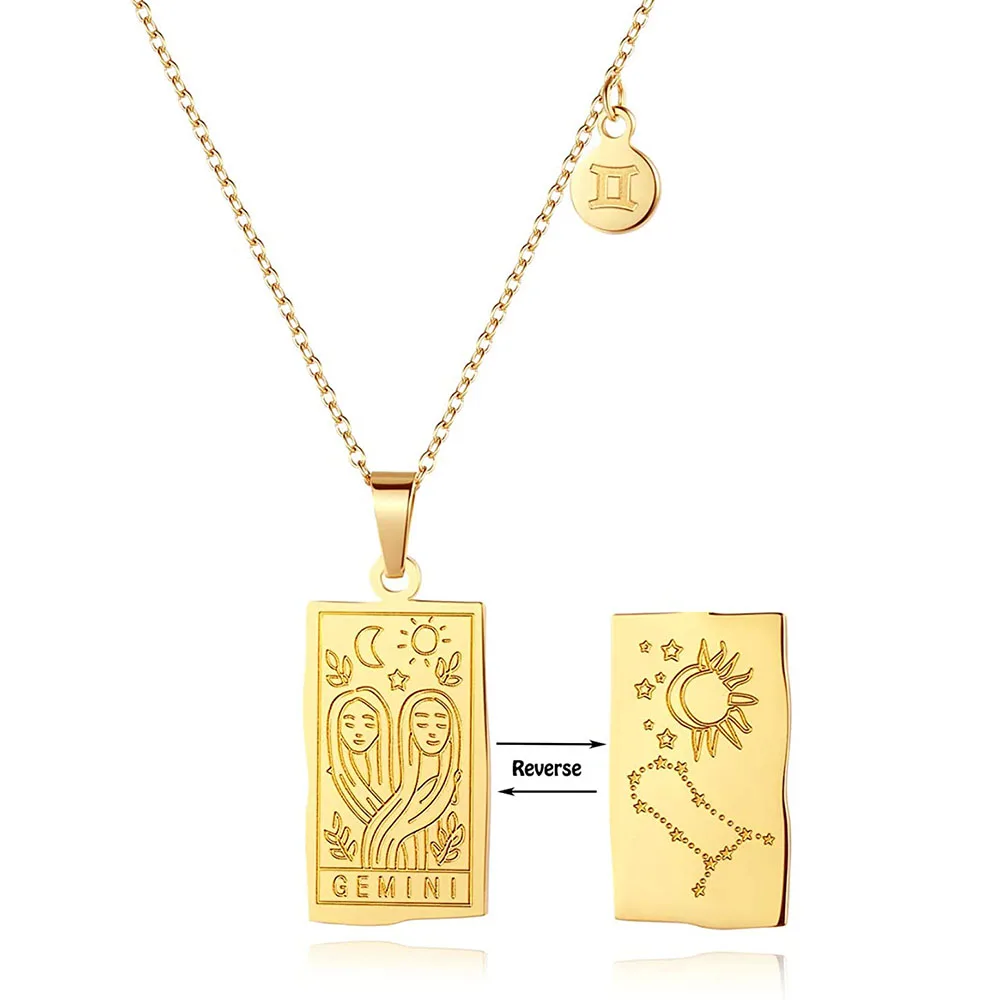 

New Stainless Steel Jewelry 18K Gold Plated Square Tarot Card Deck Zodiac Sign Pendant Necklace