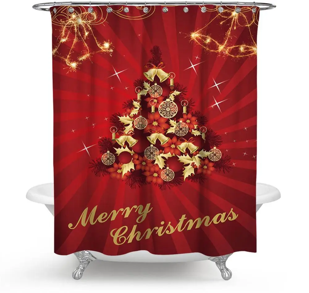 

P550 Christmas Shower Curtain Santa Claus Snowman Bell Trees Xmas Bathroom Shower Waterproof Polyester Fabric Curtains, Colors