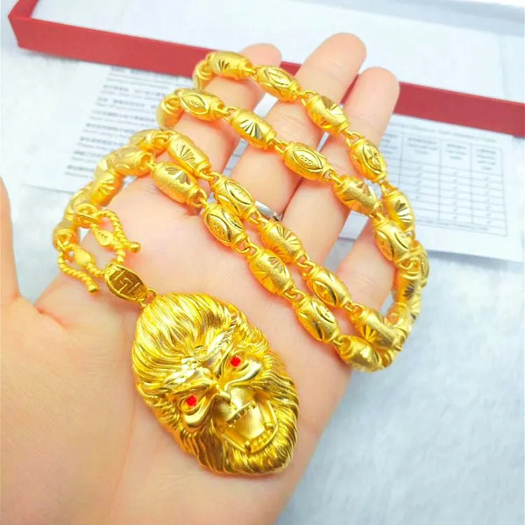 

Gold Monkey King Pendant Brass Gold Plated Olive Bead Necklace Gold Men'S Jewelry