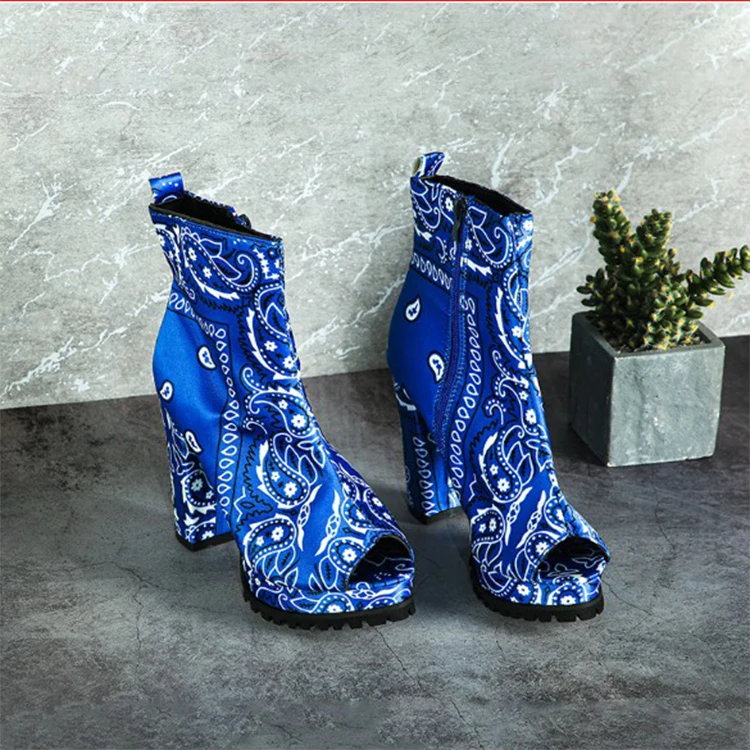 

2020 sexy print fabric open toe women's zipper ankle boot shoes big size 11
