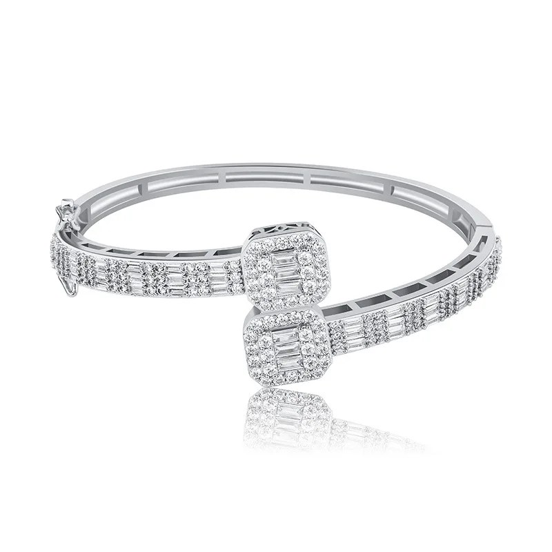 

Men Women C Cuff Bangle Bracelet 18k Gold Plated Iced Out Baguette Clear CZ Openable Charm Bangle Jewelry, Picture