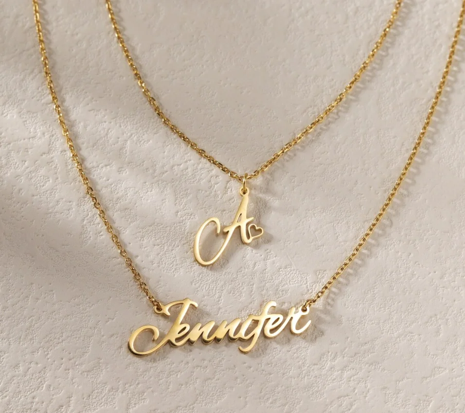 

Custom Double Layer Dainty Necklace Personalized Initial Letters Diy Children Names Fashion Jewelry Anniversary Gift for Couple