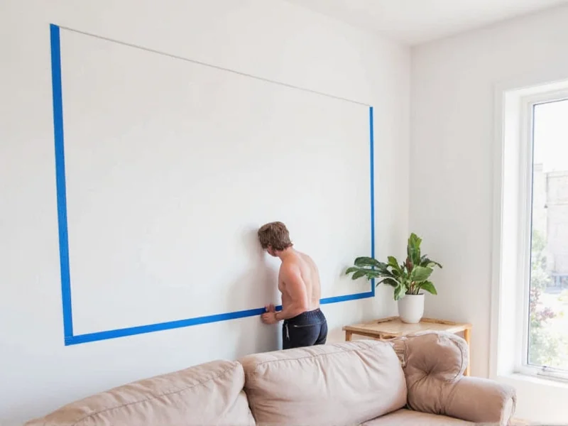 DIY mirror wall layout planning with tape on living room wall