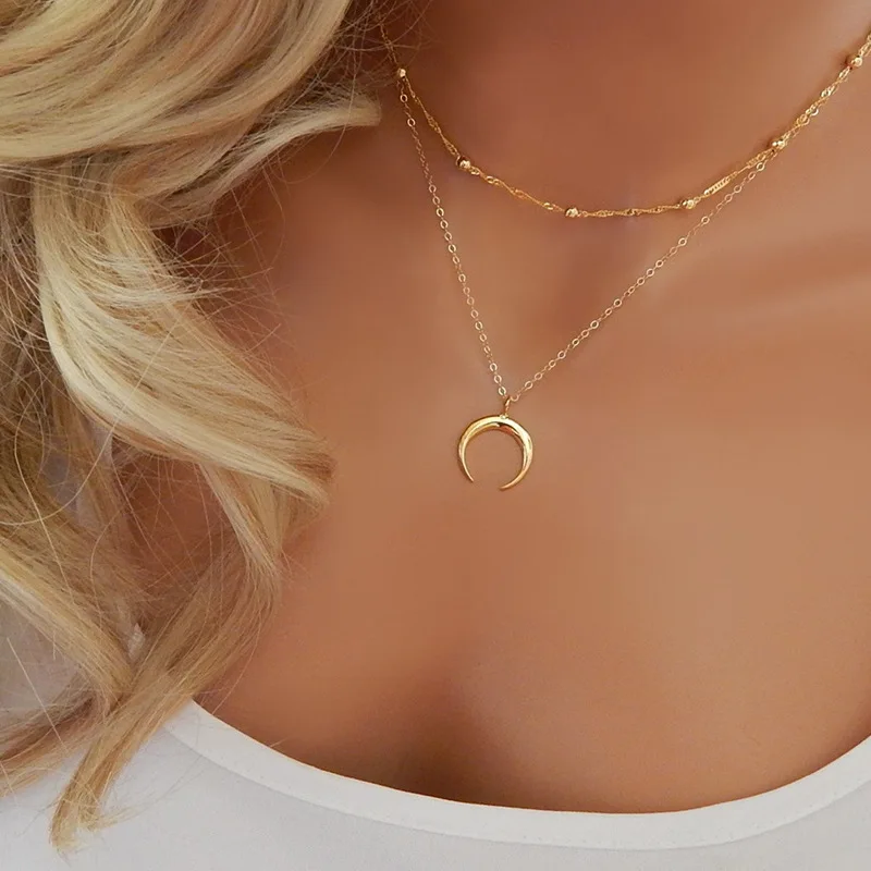 

Fashion Women Bohemian Jewelry Crescent Moon Layered Necklace Gold Color Bead Link Chain Double Horn Necklace