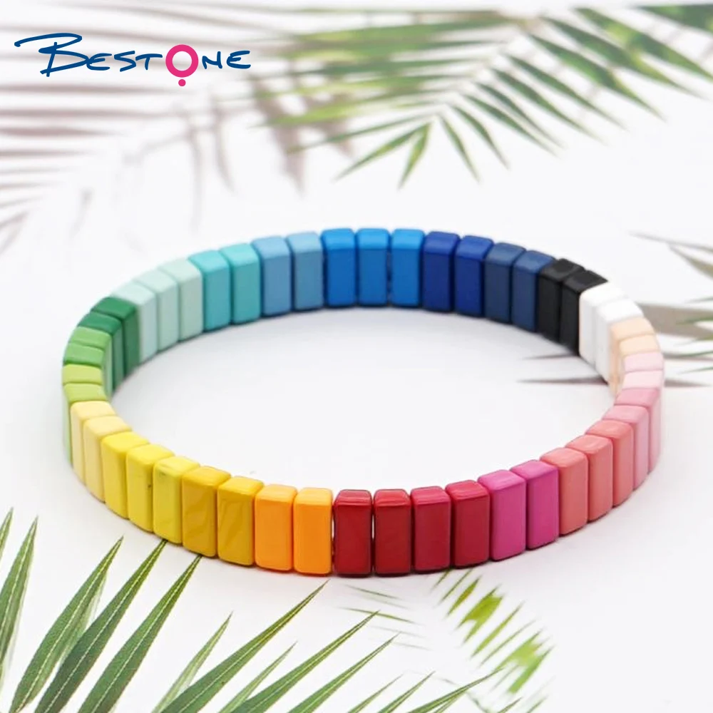 

Hot Sell Rainbow Tiny Size Bead Enamel Tile Stretch Bracelet For Women