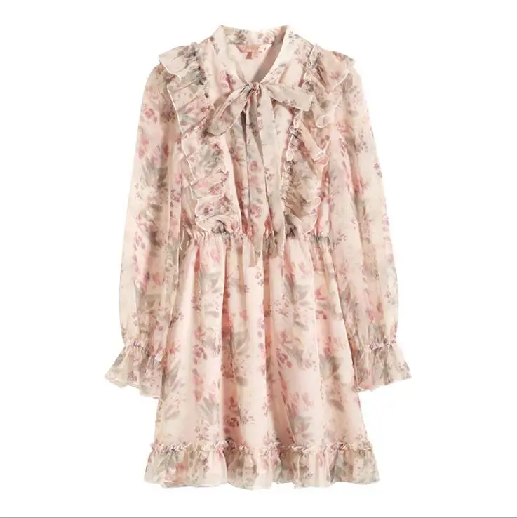 

2021 puff dresses women summer sweet floral print bow neck Vintage Ruffle Chiffon Casual Dress