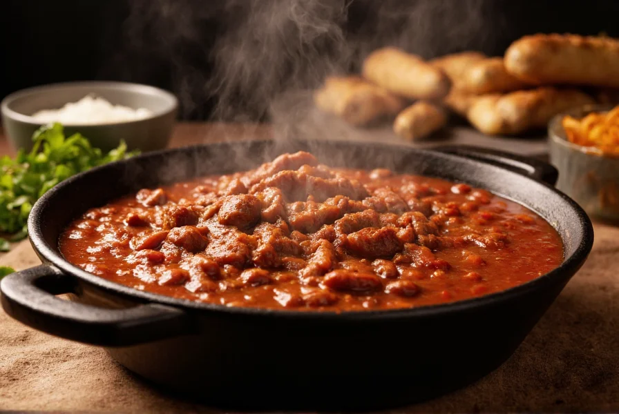 Bowl of rich red traditional chili con carne with steam rising, served in cast iron dish