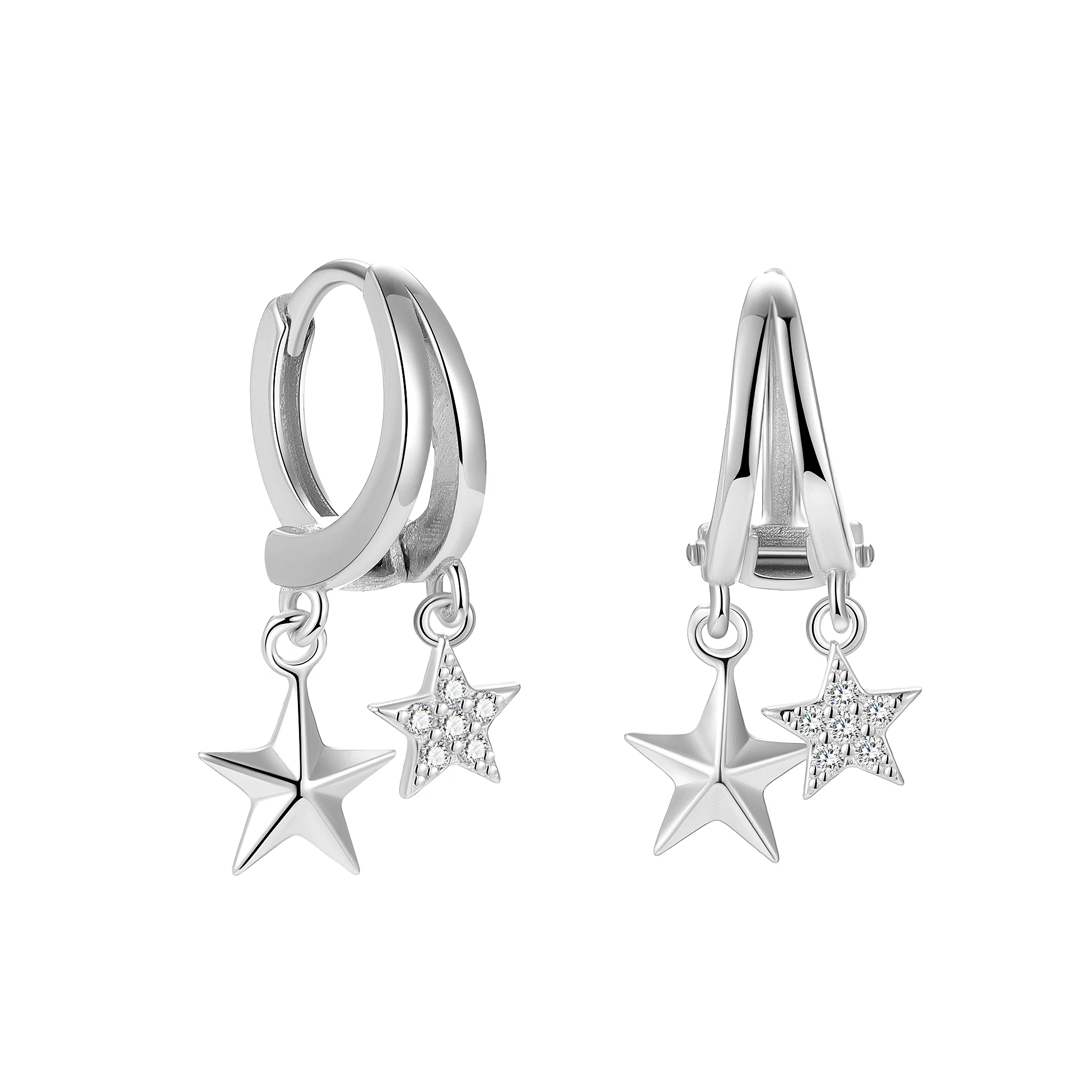 Double Star Earrings 925 Sterling Silver Hollow Star Dangle Hoops CZ Pendant Drop Huggies for Women Fine Jewelry Wholesale