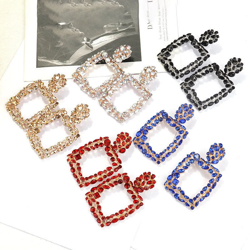 2019 Fashion  Gold Silver Geometric Rectangle Rhinestone Alloy Dangle Earrings For Women Statement Drop Earrings Wedding party