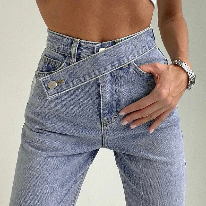

Mzl's Love New Ins Design Slant Belt High Waist Straight Jeans Women's Drape Casual Mopping Pants, Blue