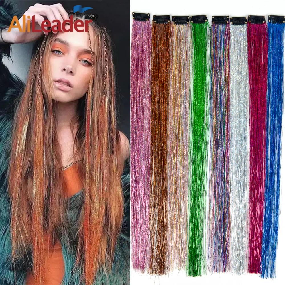 

AliLeader 19.5 inch Luminous Fairy Synthetic Glitter Hair Piece Extensions Heat Resistant Sparkle Shiny Hair Tinsel with Clips