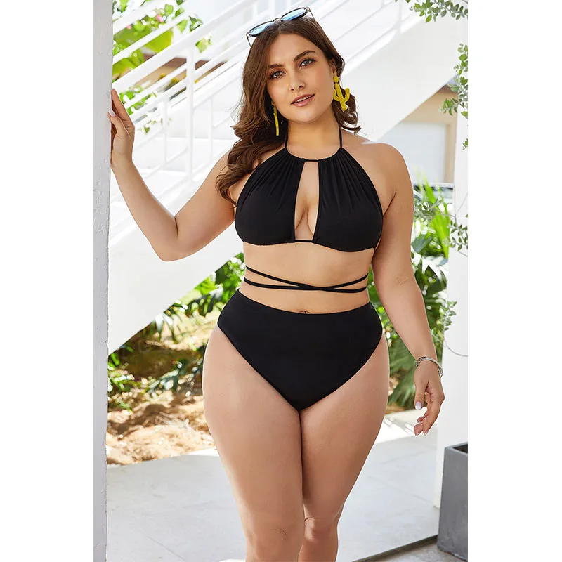 

Wholesale Plus Size 5XL Two Piece Beach Swimsuits Underwear Black Color Cover Up High Waist Women Swimwear Bikini