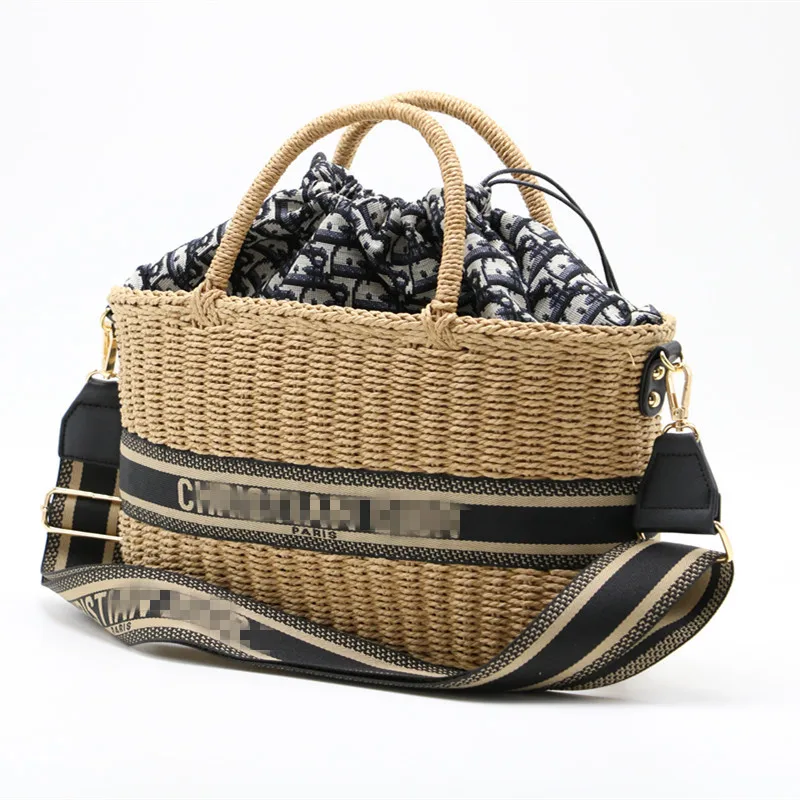 

fashion summer beach women hand knitting new casual portable collection high quali straw bag weave bucket shoulder handles bag, Natural