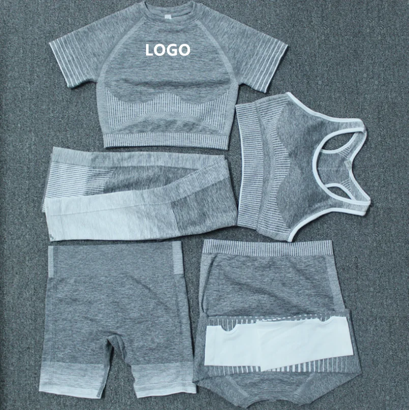 

Autumn Custom Logo Sexy Seamless Nylon Cotton Fitness Striped Five Piece Yoga Set For Women, As picture