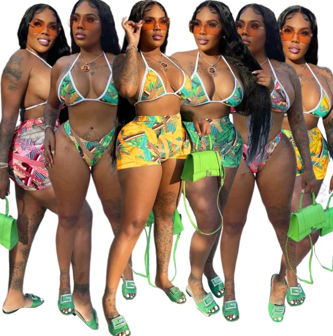 

Summer Women Clothing 2022 New Arrivals Printing Beach Wear 3 Piece Biker Shorts Sets