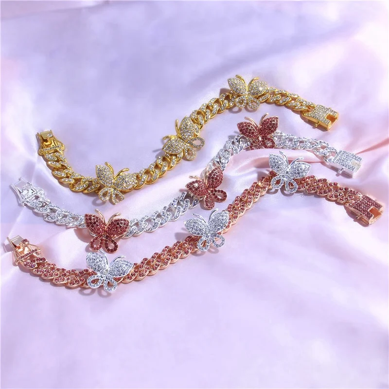 

Fashion jewelry luxury butterfly anklet shiny rhinestone Cuban anklets women