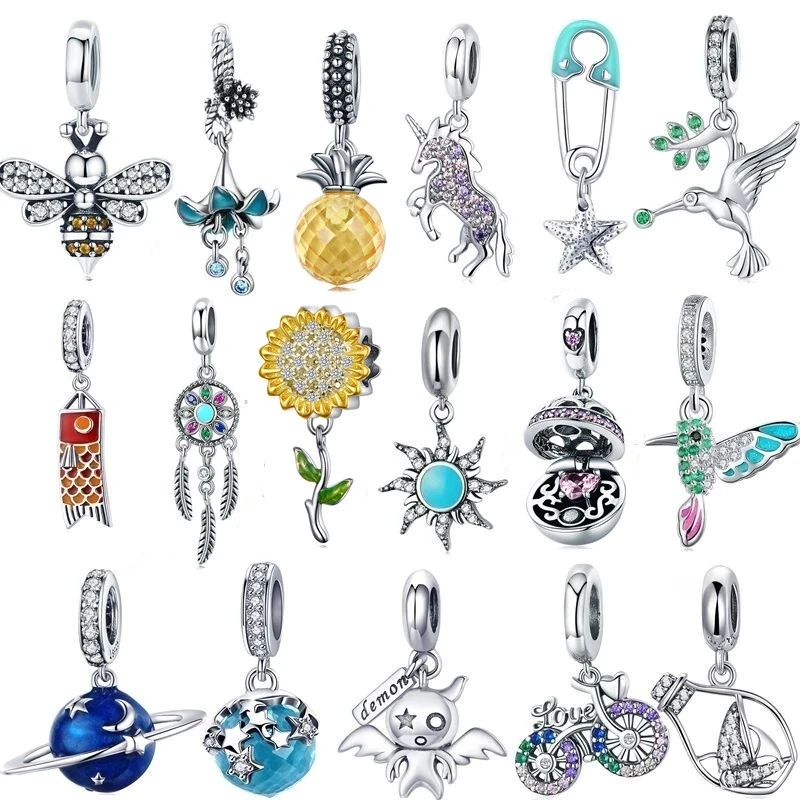 

fit Europe Bracelet Silver Original 925 Cute Zircon Parrot Kingfisher Charms CZ Unicorn bee Bicycle Beads for Jewelry Making