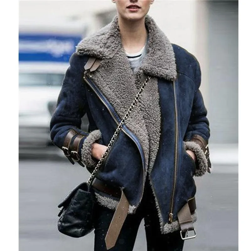 

Fall 2021 Women Clothes Women Winter Jackets Sheepskin Suede Leather Cashmere Shearling Oversize Coat Warm Moto Jacket, As picture