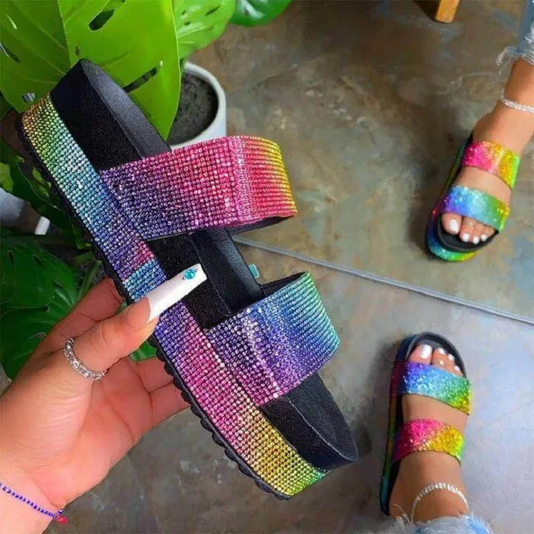 

Rhinestone rubber 2021 women new slip on trending slides footwear beach sandals ladies house fashion women's open flat slippers