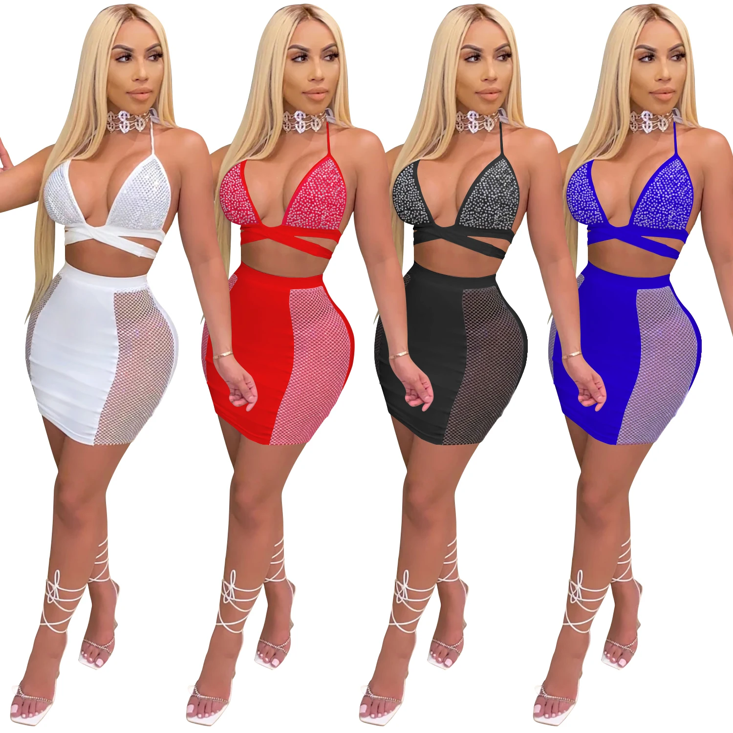 

2021 summer women white 2 two piece mini skirt and bra sets nightclub skirt hot diamond cross strap halter mesh sexy outfits