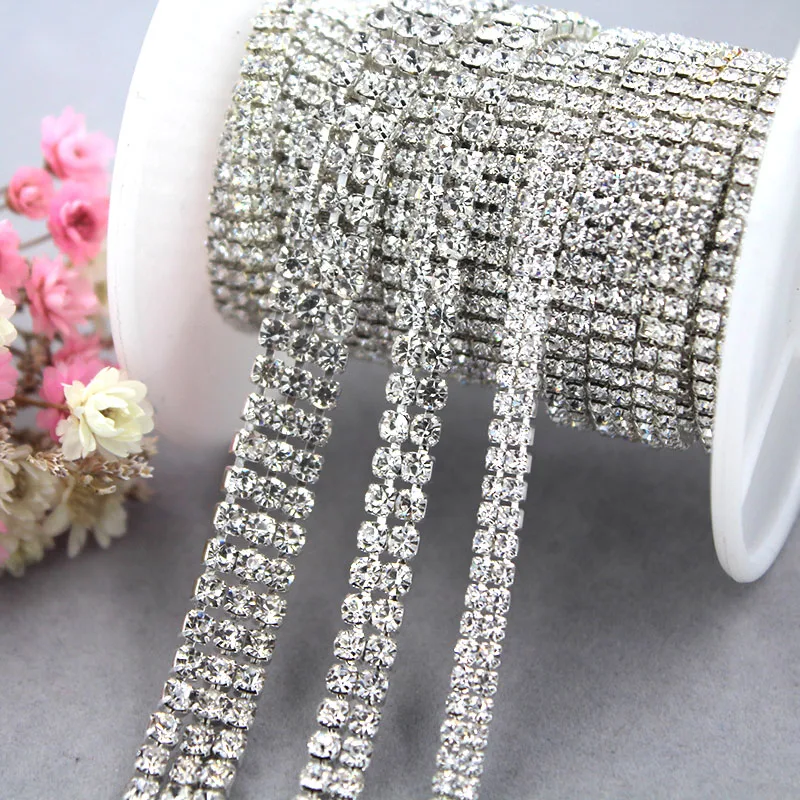 

1Row 2Rows 3Rows Silver Base AAA Crystal Chain on Roll Sew On Close Metal Rhinestone Brass Cup Chain