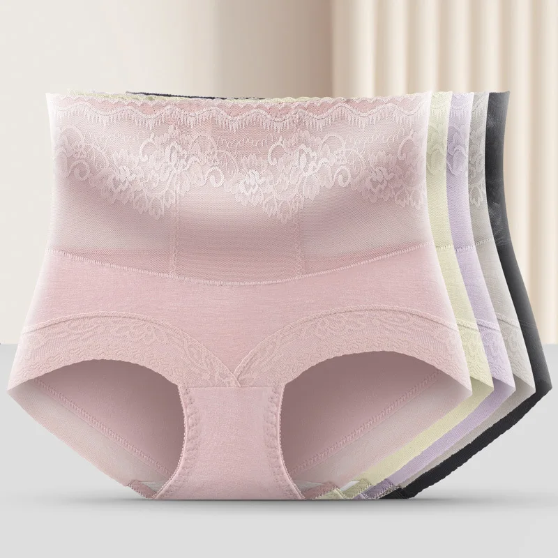 

Women's Elegant Solid Color Lace High Waist Panties Ladies Abdomen Hip Lift Breathable Organic Cotton Underwear, Picture shows