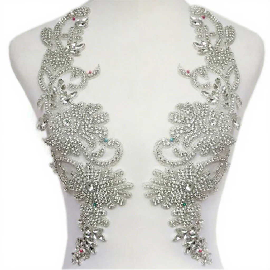 Wholesale Factory Small Quantity Pair or Single Handmade for Bridal Wedding Dress Beaded Bodice Patch Rhinestone Applique