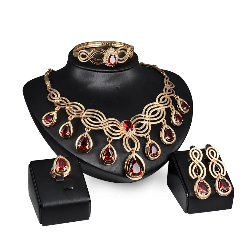 

MJS30013 high quality explosive set jewelry hot selling fashion gemstone necklace earrings alloy jewelry four-piece set, Picture shows