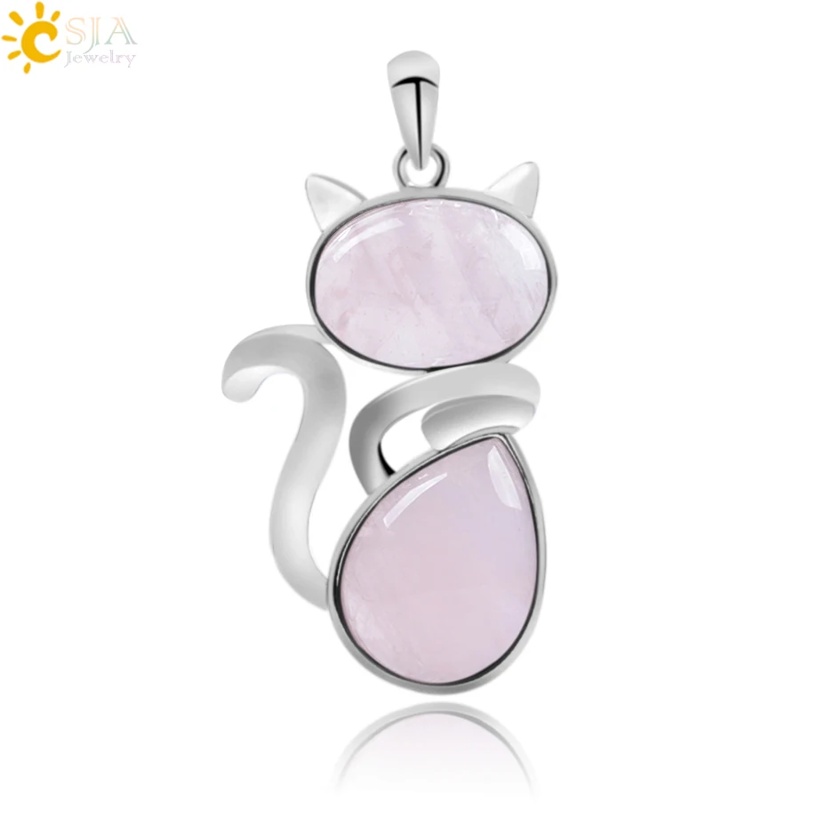 

CSJA hot selling amethyst pink crystal cute cat gemstone pendant charm for necklace making F072