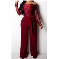 

Sexy Slash Neck Belt Party Blue Lace Embroidery Lady Wide Leg Jumpsuit