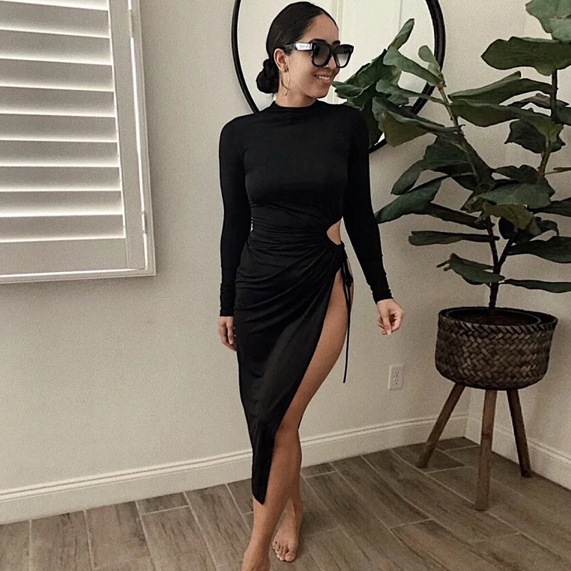 

KQ-513 New sexy high split drawstring long dress autumn women long sleeve bodycon party slim dresses vestidos sexis, As picture