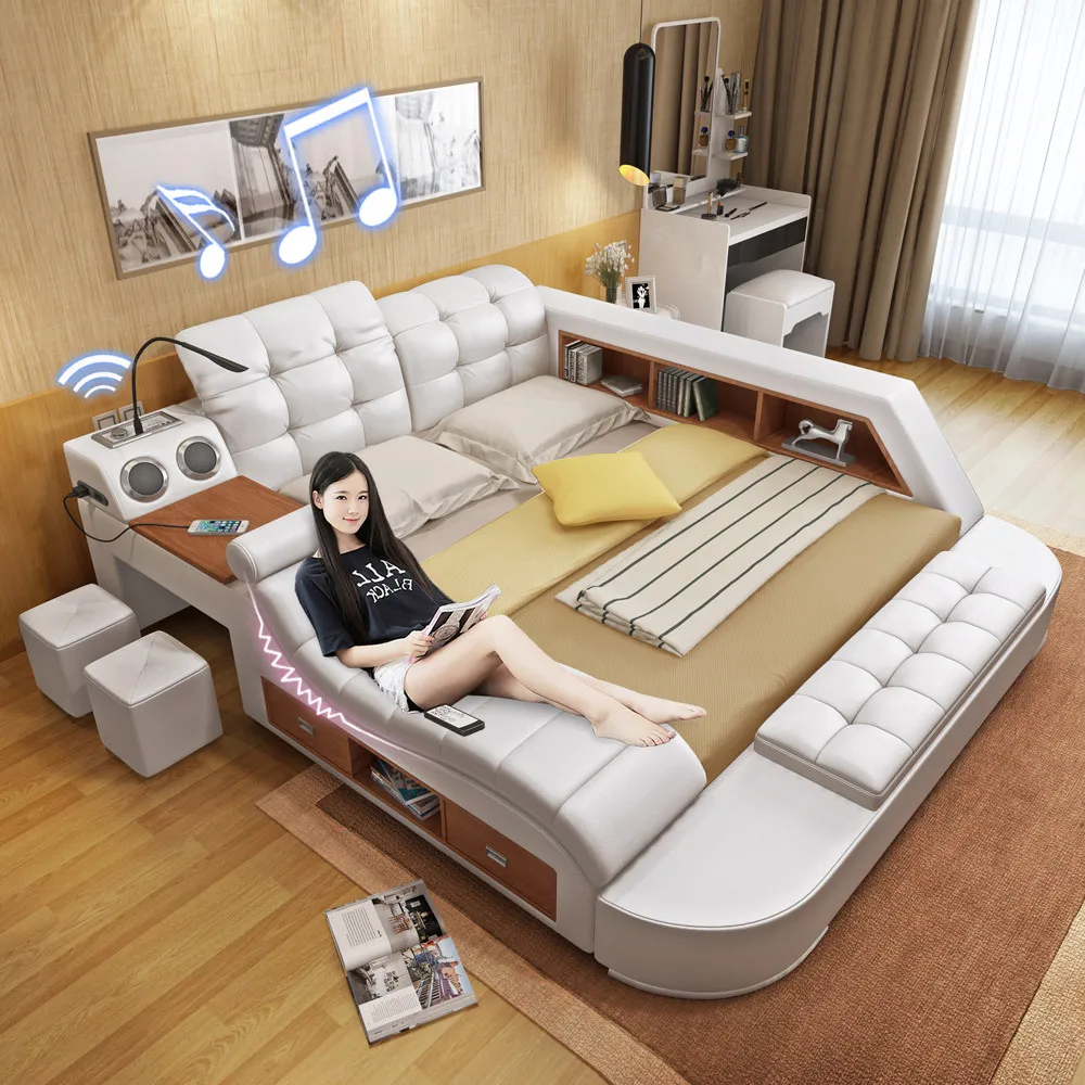 
Modern design master bedroom smart bed bluetooth speaker and massage Multi functional leather bed  (62311262547)