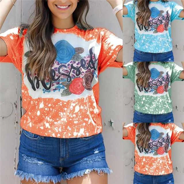 

2021 Women's Printed Casual Crew Neck T Shirt Women Short-sleeved Loose T-shirt Top Women, Picture color