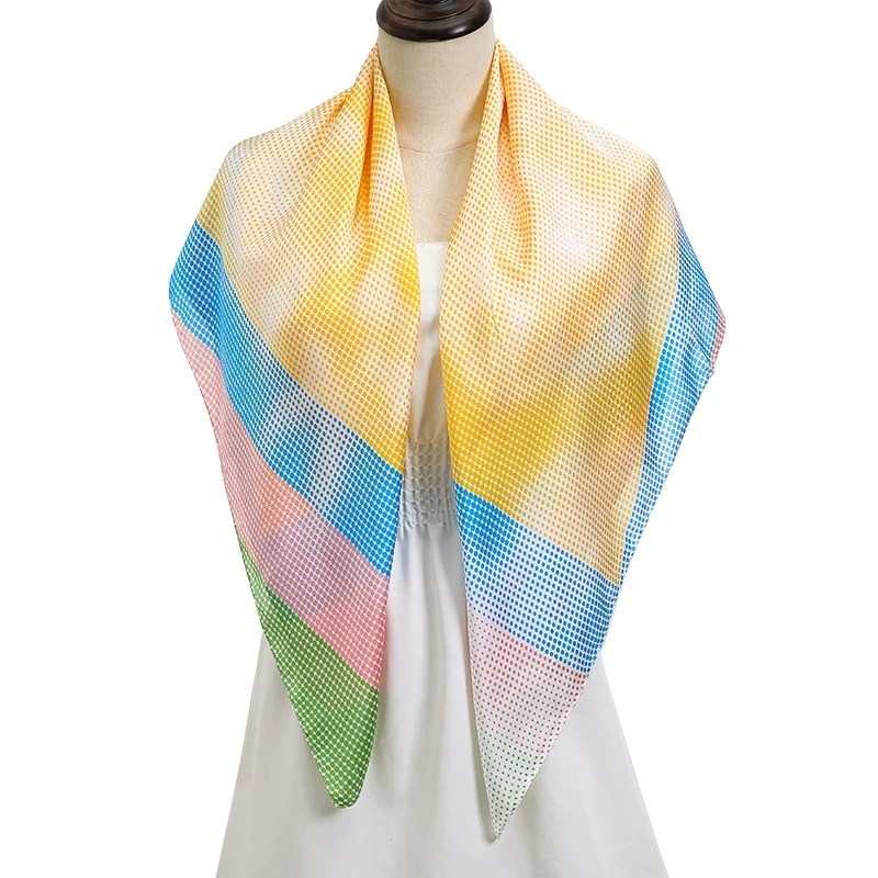 

2021 elegant designer stain printed women muslim silk head scarf Spot crimped multicolor striped square scarves, Multi colors