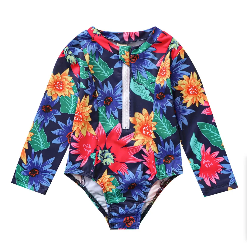 

2021 Baby Girls Long Sleeve Swimsuits UV Protection Swimwear Rash Guard Bathing Suit with Zip, As pic