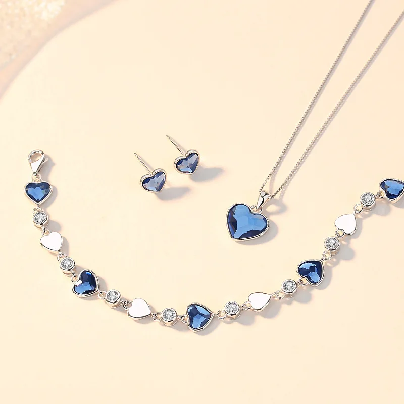 

halsketten bridal jewellery blue crystal heart necklace 925 sterling silver rhinestone earring bracelet necklace set with swarov