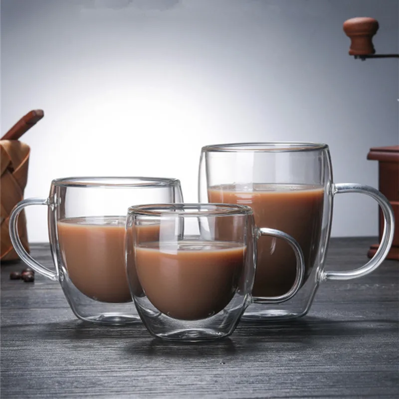 

H26 Double Wall Layer Mug With Handle Transparent Drinking Glass Tumbler Durable High Borosilicate Coffee Clear Glass Cup